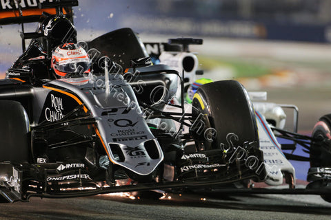 Formula 1 Print - 2015 Singapore GP Nico Hulkenberg Sahara Force India F1 VJM08 Felipe Massa Williams FW37 crashing Sun 20-09 - Legends Of The Sport