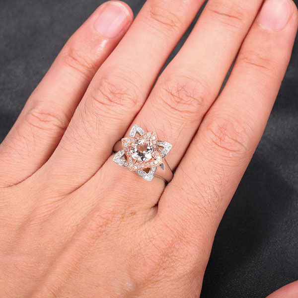 Round Morganite Engagement Ring Diamond 14K Two Tone Gold 7mm Unique Flower CLAW PRONGS - Lord of Gem Rings - 5