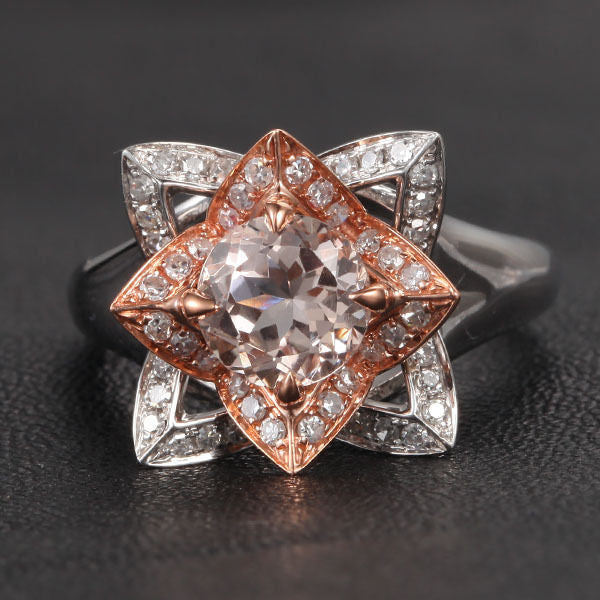 Round Morganite Engagement Ring Diamond 14K Two Tone Gold 7mm Unique Flower CLAW PRONGS - Lord of Gem Rings - 1