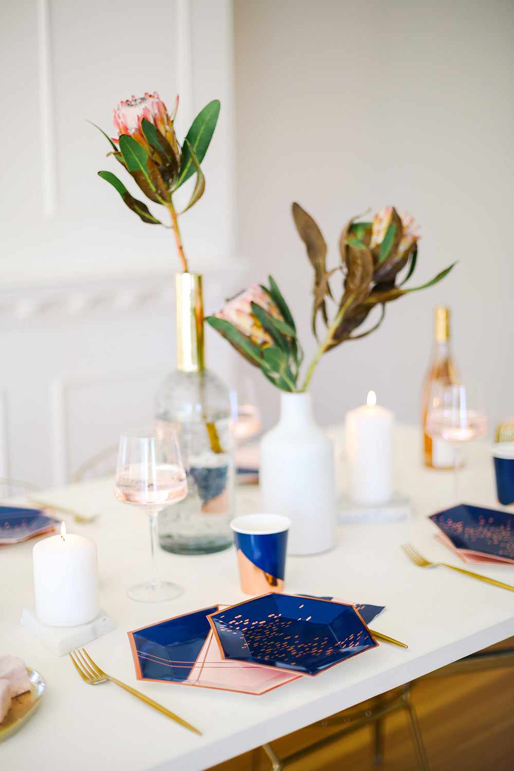 modern pink and blue table setting 