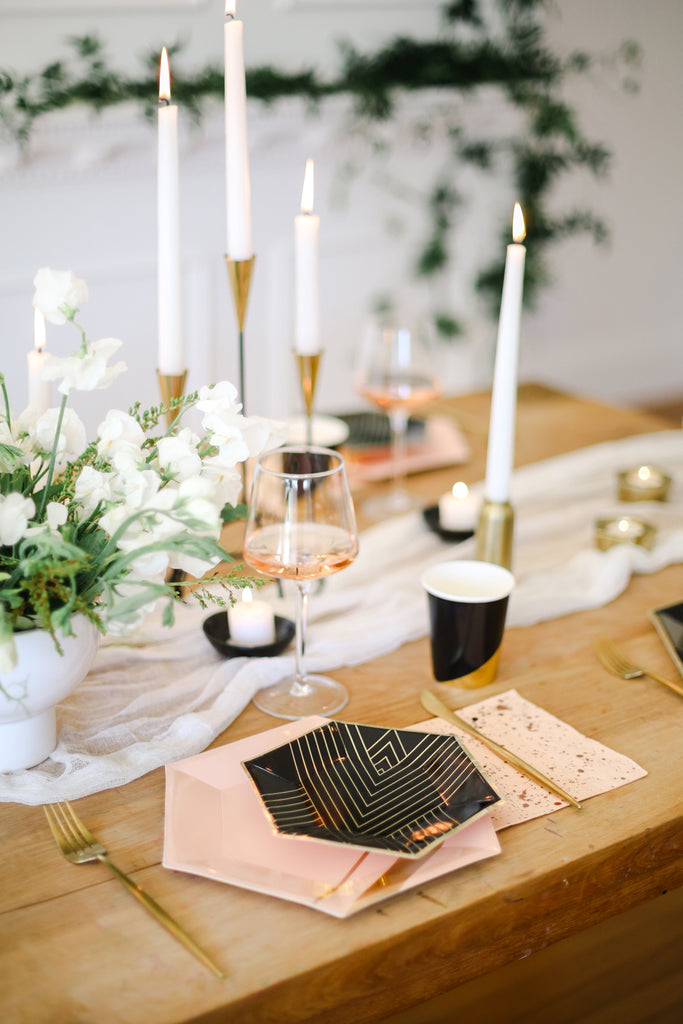 modern blush and black table setting 