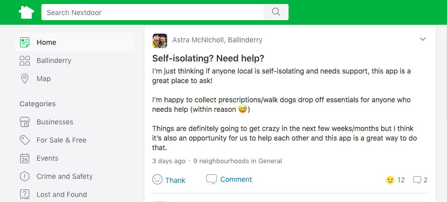 Screenshot of Nextdoor app post offering help
