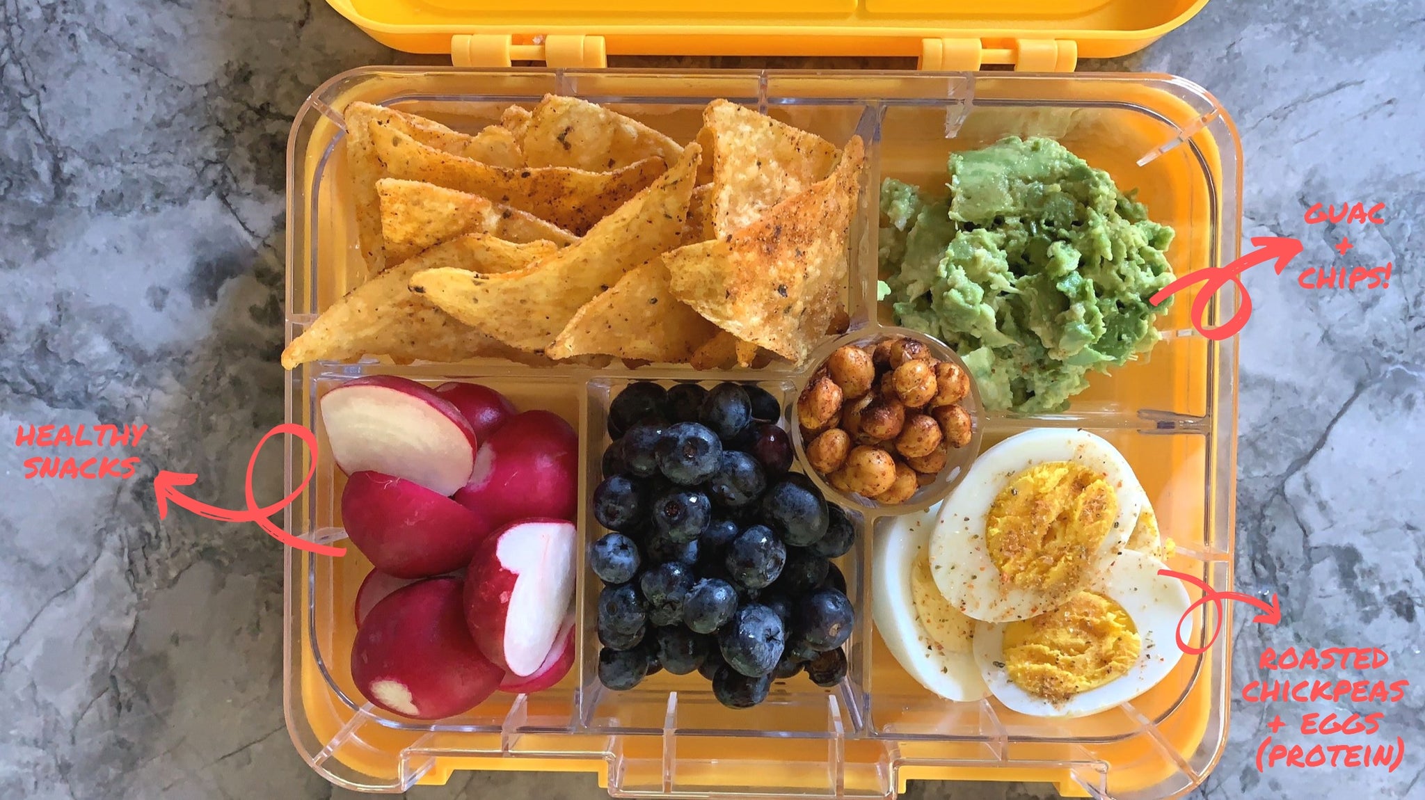 Guacamole and chips bento box idea from Legacy Greens grocery store downtown Kitchener