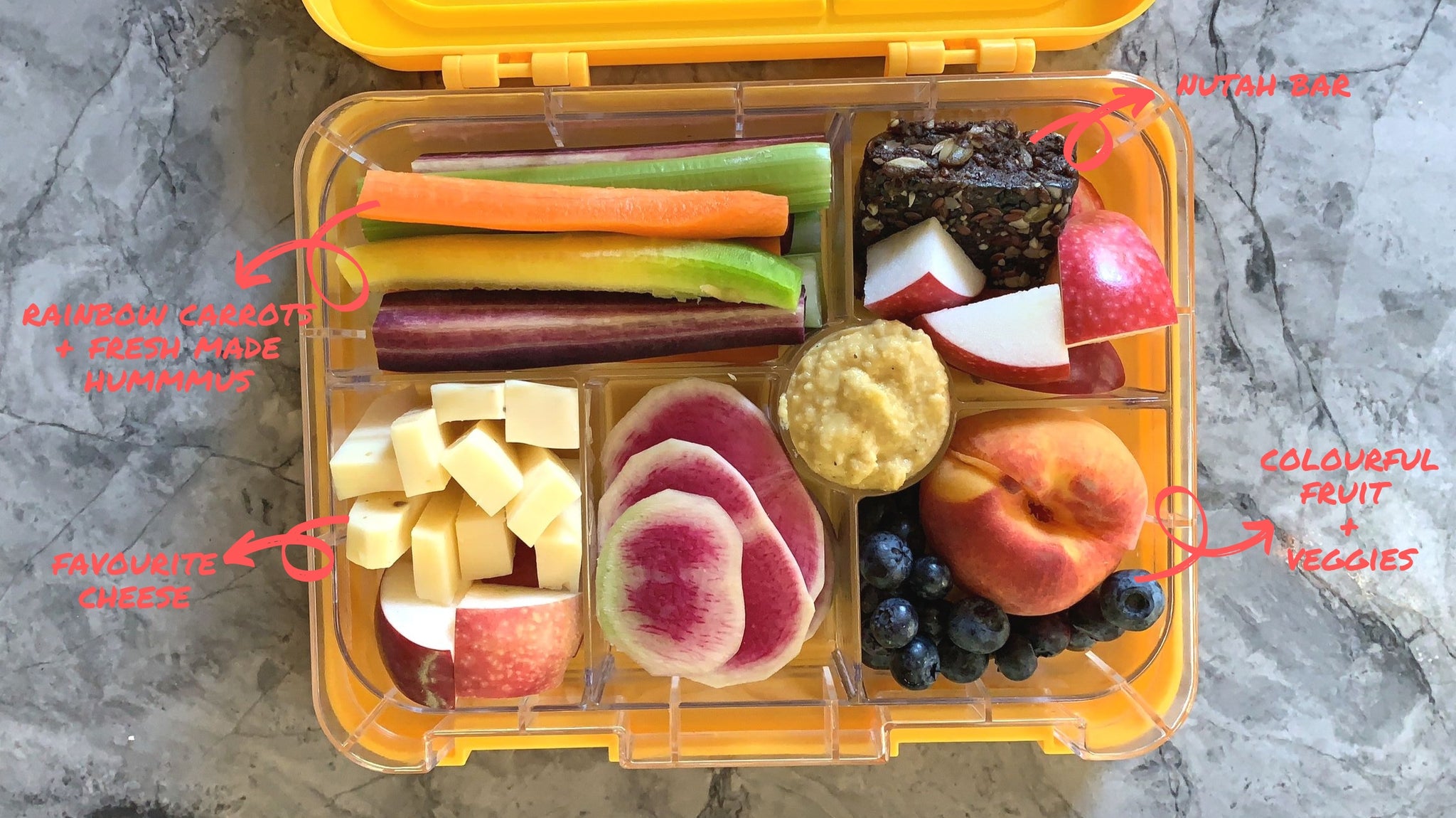 Fruit and vegetable bento box lunch idea from Legacy Greens grocery store in downtown Kitchener