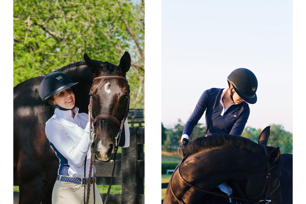 Female Rider with horse wearing competition show shirt