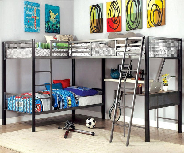 triple bunk bed with desk