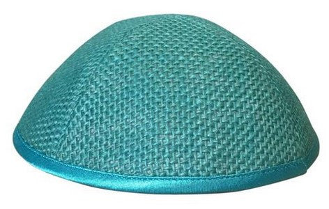 An aqua blue burlap iKIPPAH brand yarmulke.