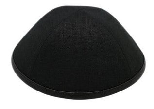 A black linen iKIPPAH brand yarmulke with a black leather bottom rim.