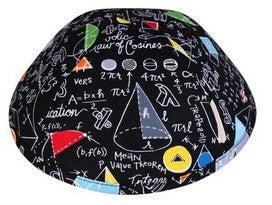 An iKIPPAH brand yarmulke that is covered with formulars & ideas that a 'genius' would like.