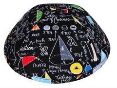 iKIPPAH brand black yarmulke with a genius mathematical formulas and colorful symbols.