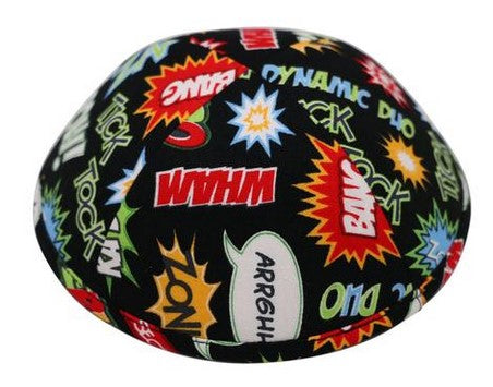 Dark black Kippah with colorful exciting artist renditions of action works like 'wham' & 'bang' displayed throughout.