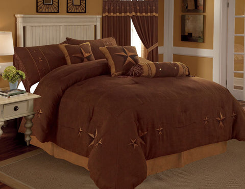 Rustic Brown Embroidery Star Western Luxury Comforter - 7 Pc Set