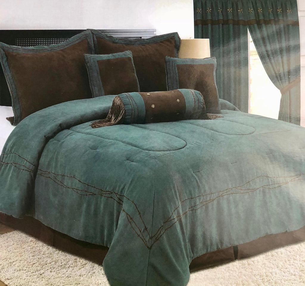 Rustic Turquoise & Brown Embroidery Western Luxury Comforter - 7 Pc Se