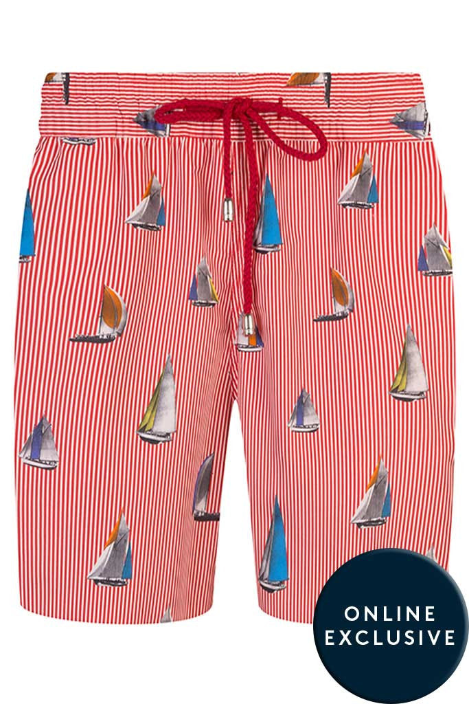 Red and White Stripe with Boat Motif Swim Shorts