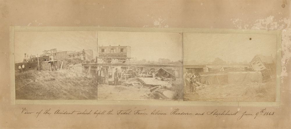 The original photographs with an inscription below, which reads “View of the accident which befell the Tidal Train between Headcorn and Staplehurst  June 9th, 1865.” Charles Dickens Museum collection,DH753.
