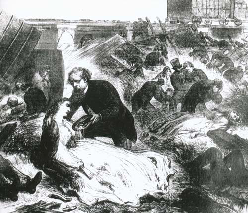 An illustration showing Charles Dickens at the site of the accident, assisting an injured passenger. Charles Dickens Museum. 