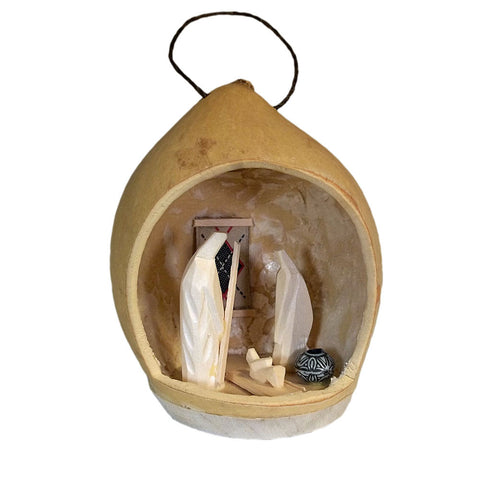 Hand Carved Nativity Scene in Gourd Ornament New Mexico Artisan Made