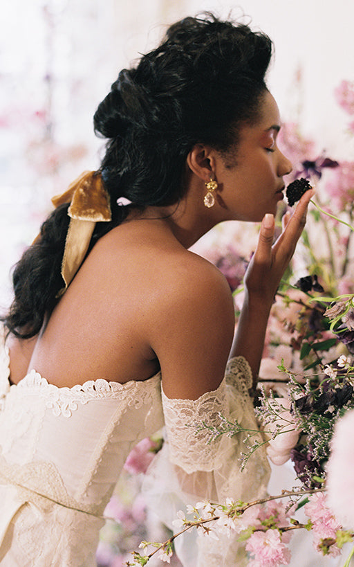 Model wearing Marie Bridal Gown by Claire Pettibone