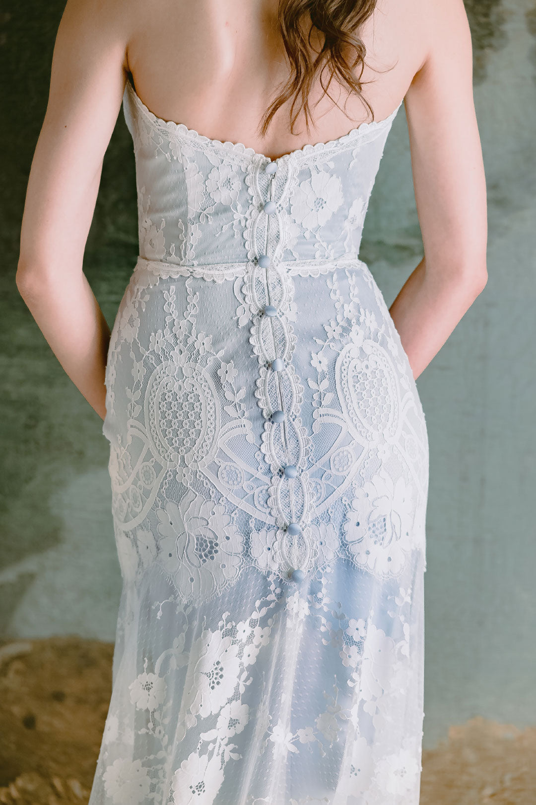 Lace Wedding Dress Eloise by Claire Pettibone with Blue Silk