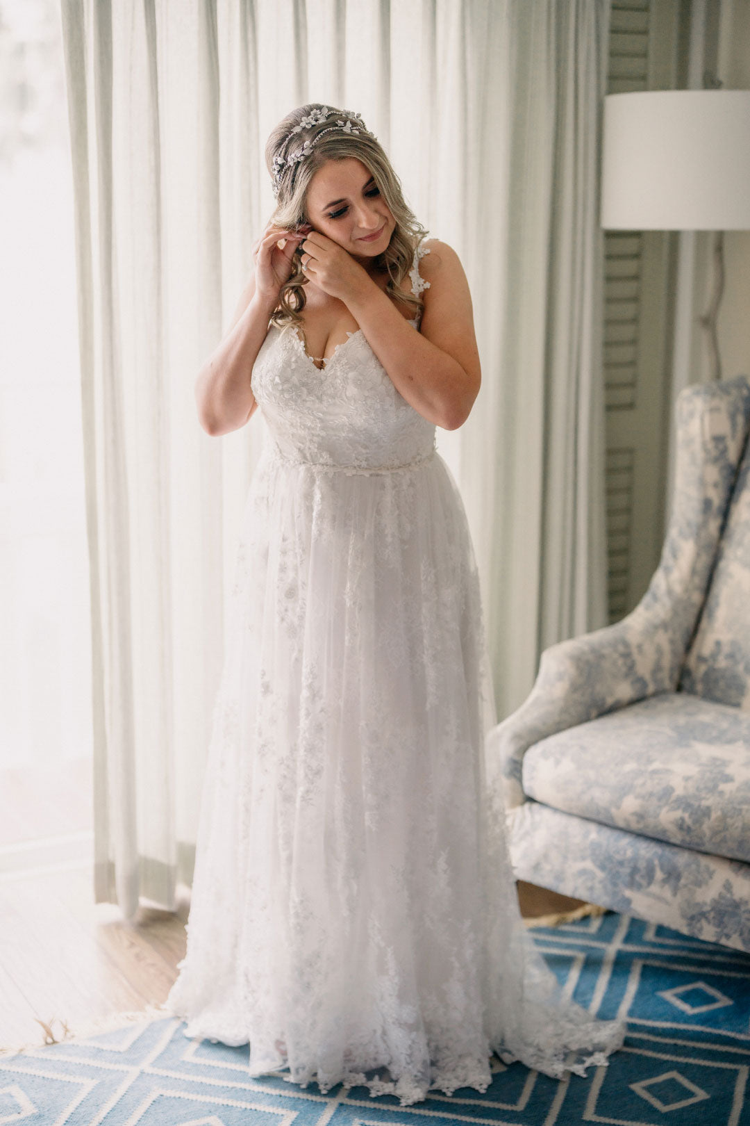 Bride in Custom Anais Wedding Dress designed by Claire Pettibone