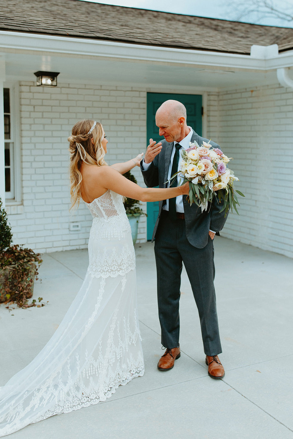 Bride in Victoriana with Father First Look photo