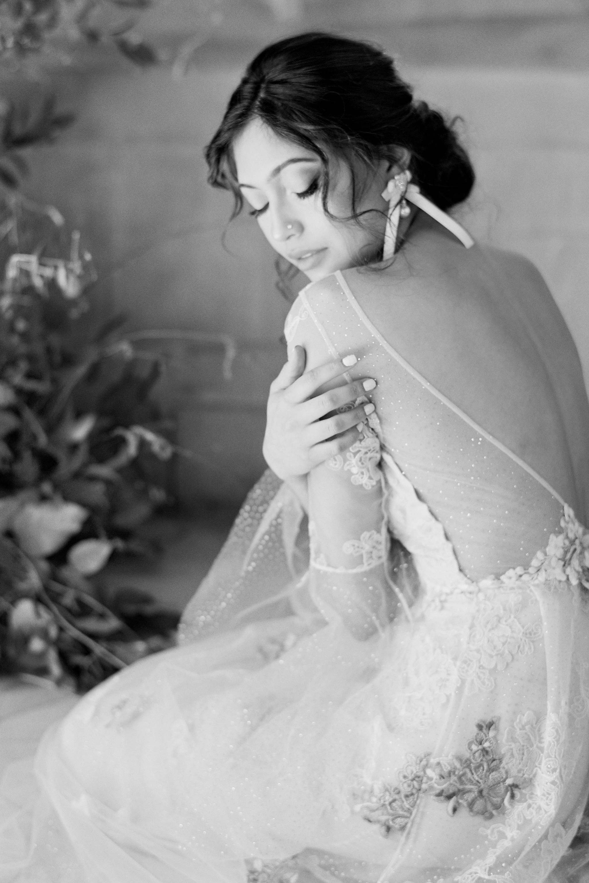 Black and white image back detail Chrysalis Wedding Dress