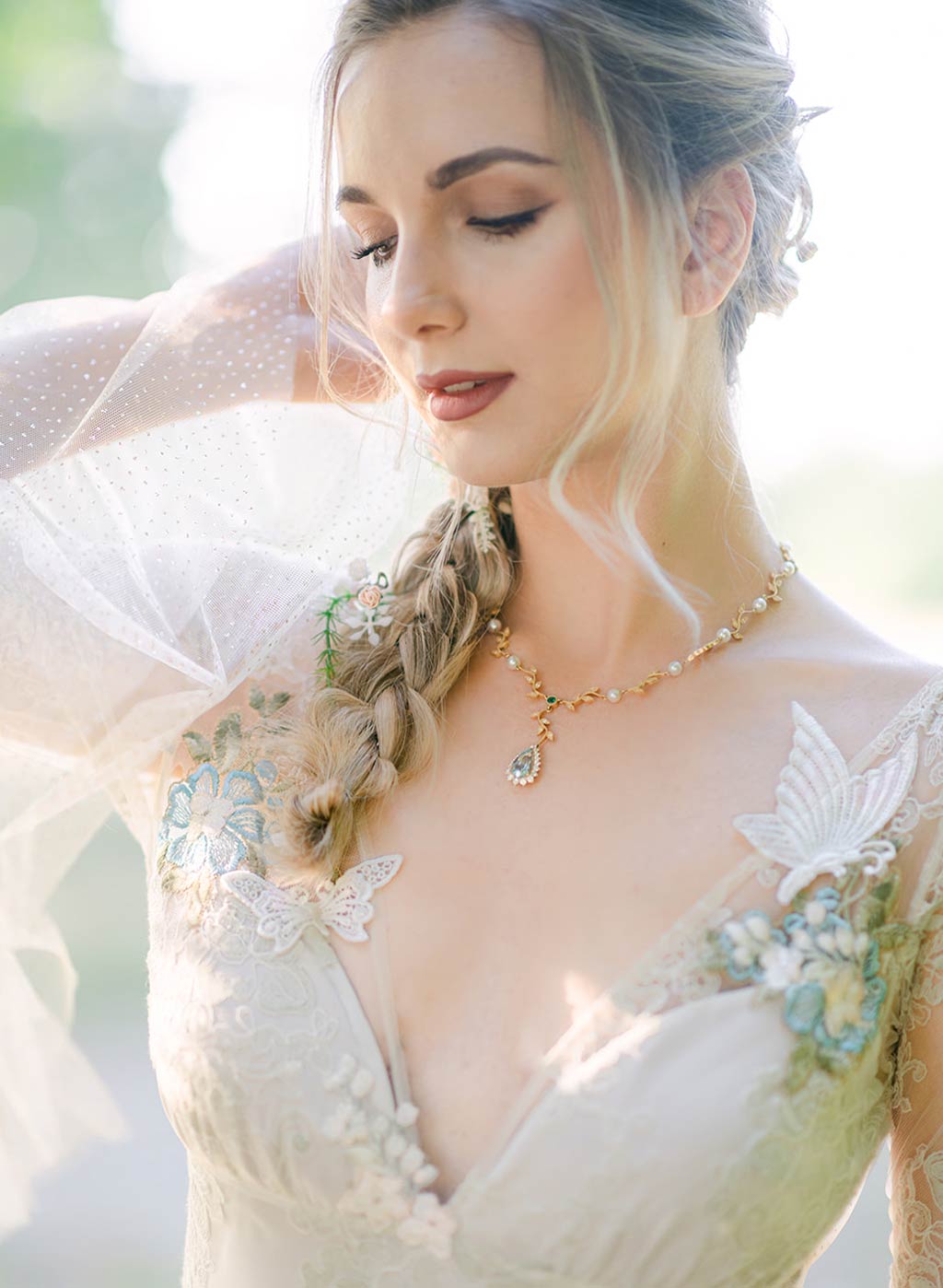 Closeup of Chrysalis Wedding Dress with Butterflies Trims