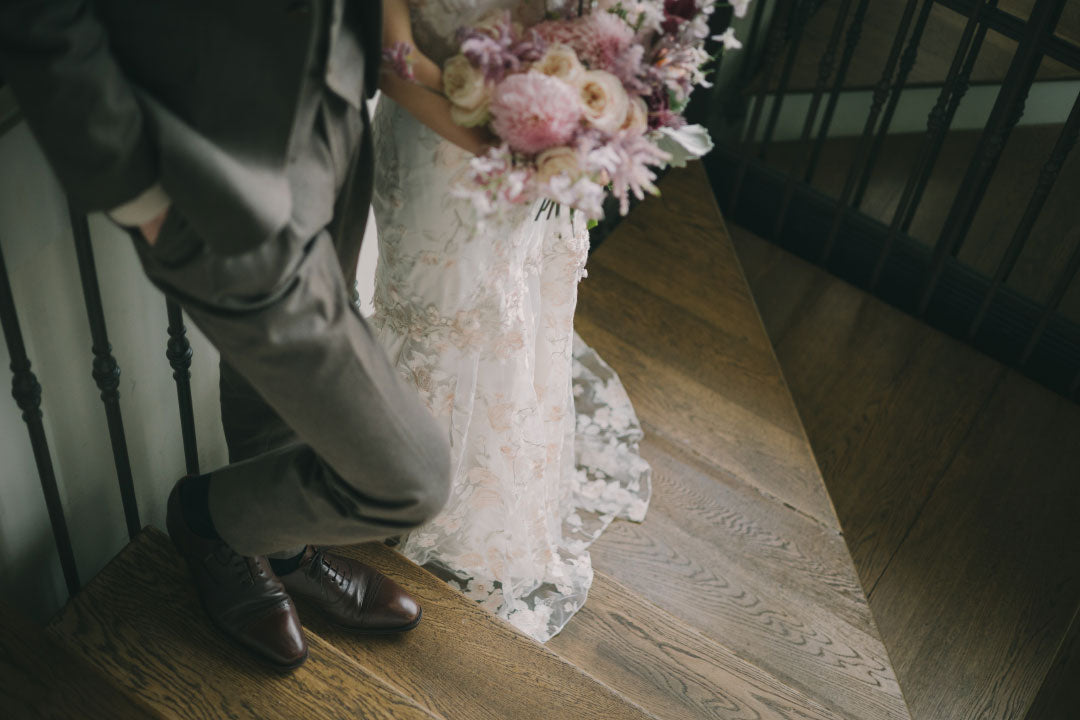 Bride and Groom on Staircase wedding protraits