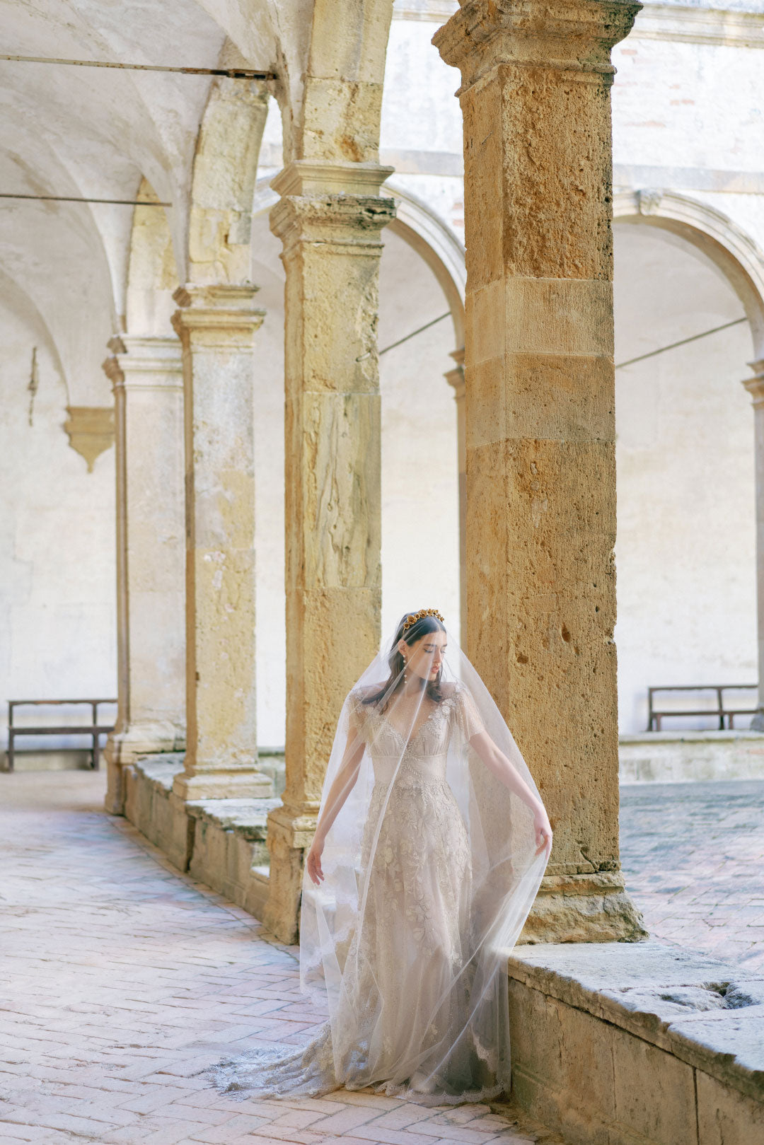 Bride in Soleil and Eloquence Veil by Claire Pettibone