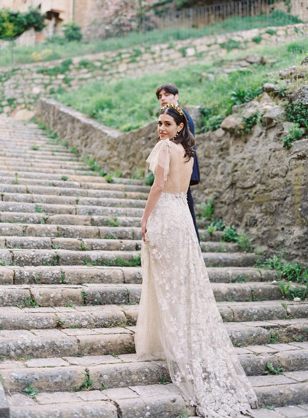 Bride and Groom walk Villa Stairs