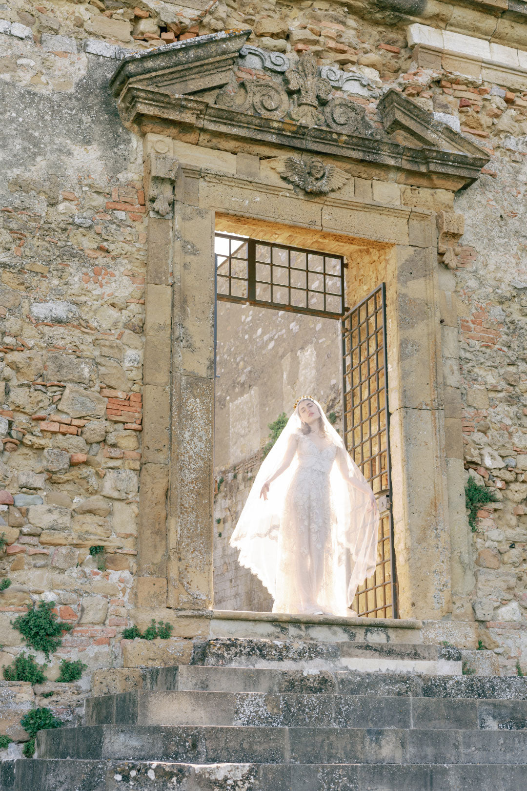 Bride in Soleil and Eloquence Veil by Claire Pettibone