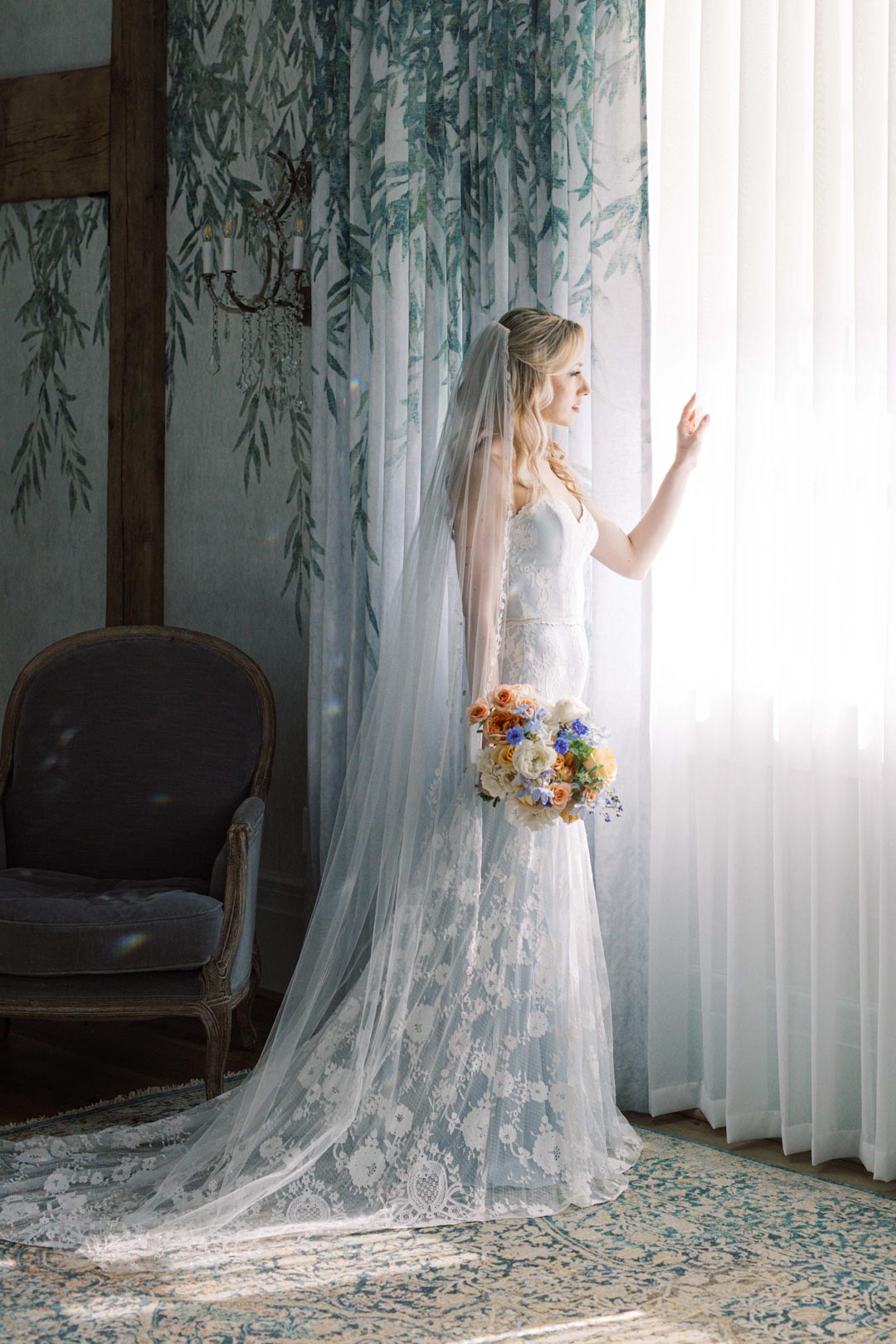 Eloise Lace Wedding Dress with Blue Silk