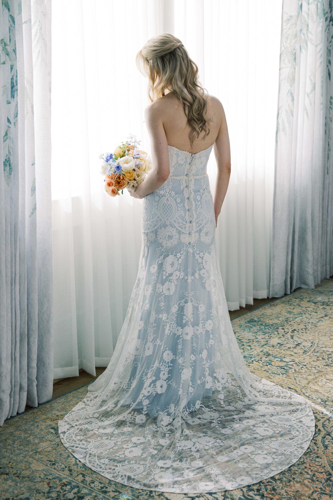 Blue Wedding Dress with Ivory Lace by Claire Pettibone