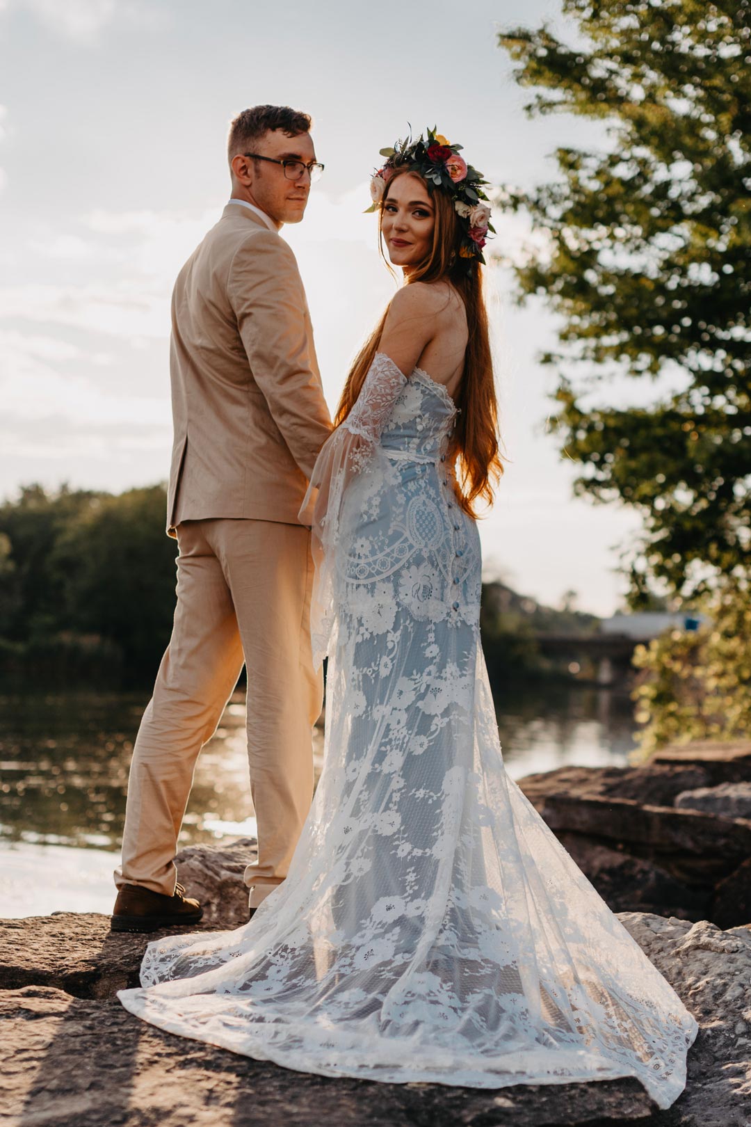 Bride and Groom wedding Portrait Bride in Eloise Lace wedding Dress