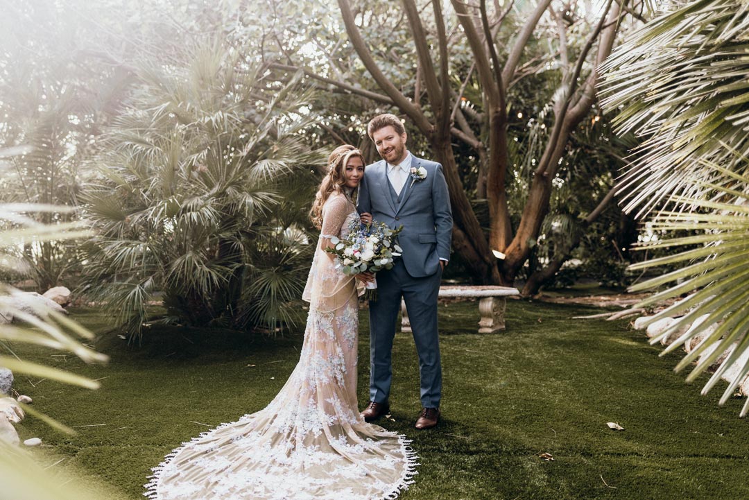 Bride and Groom wedding portrait Bride wearing Venus by Claire Pettibone