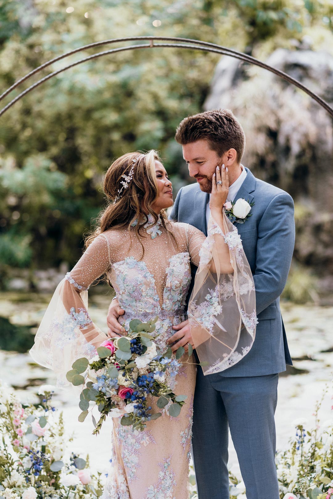 Bride and Groom wedding portrait Bride wearing Venus by Claire Pettibone