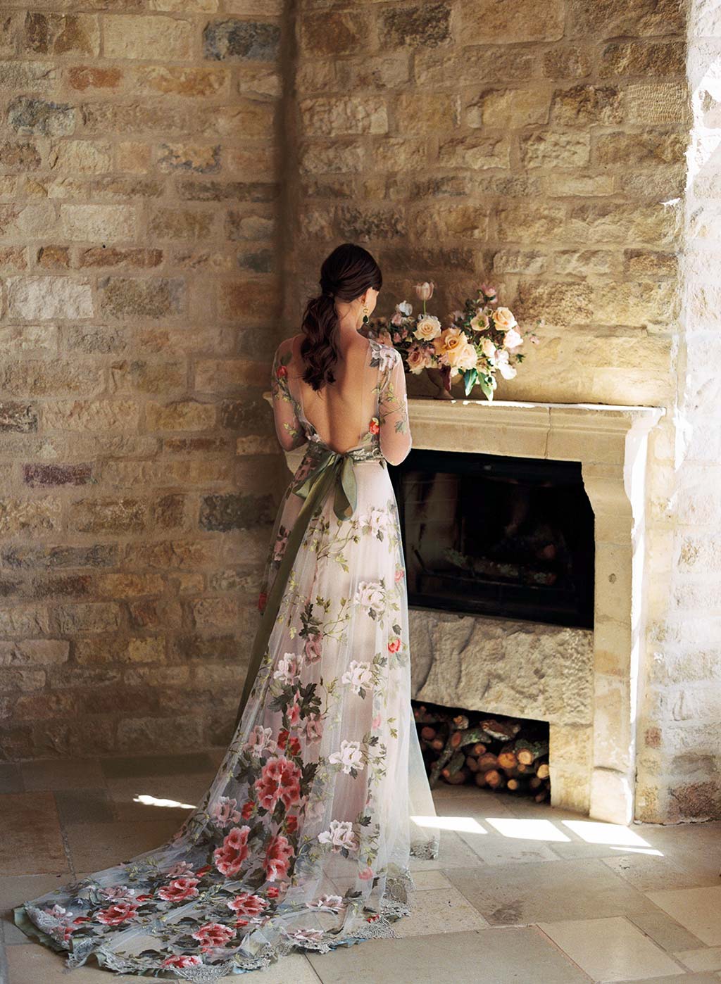 Full length train embroidered wedding dress Flora by Claire Pettibone