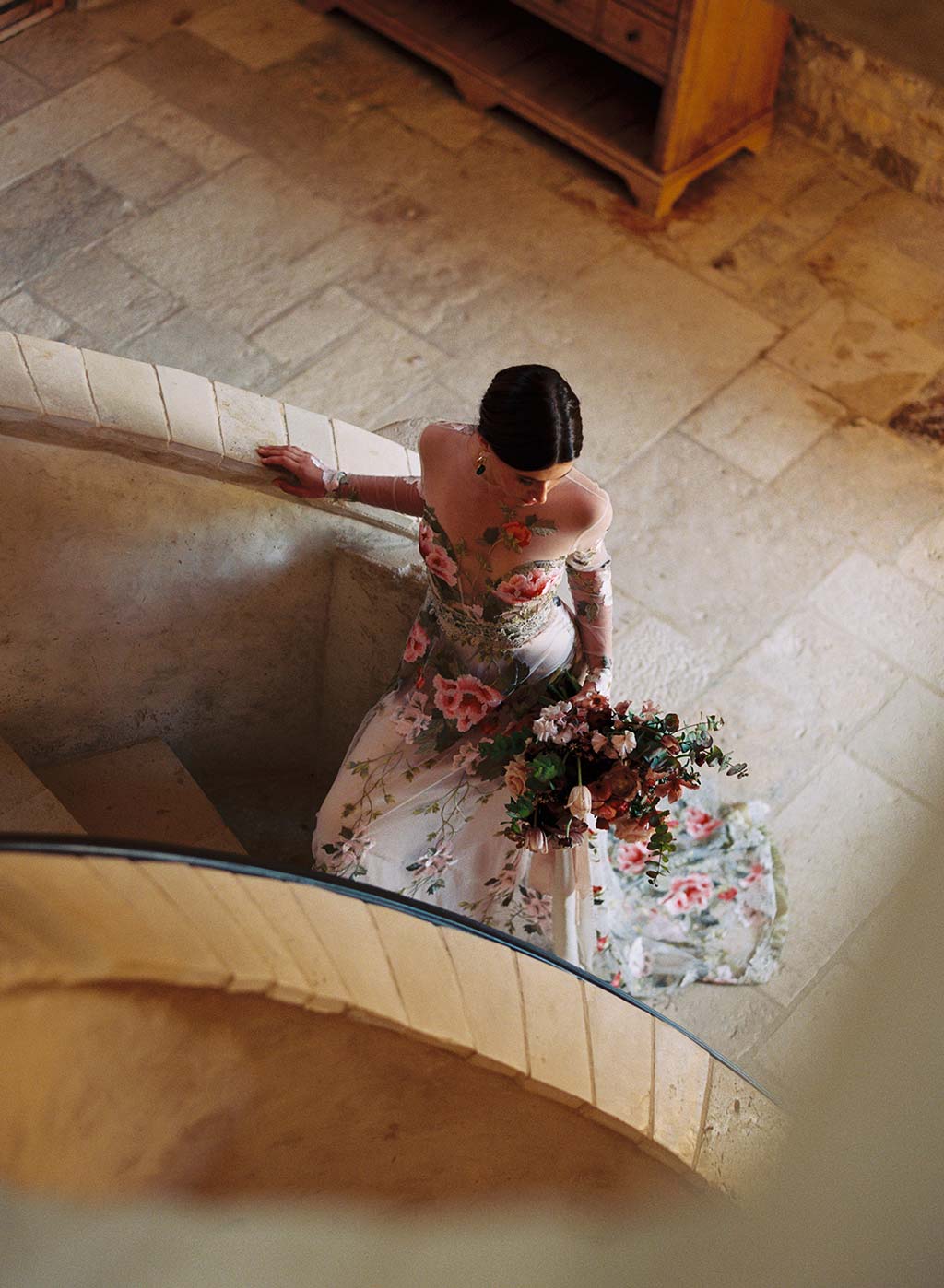 Flora Weddding Dress Bride on Stairs at Sunstone Winery