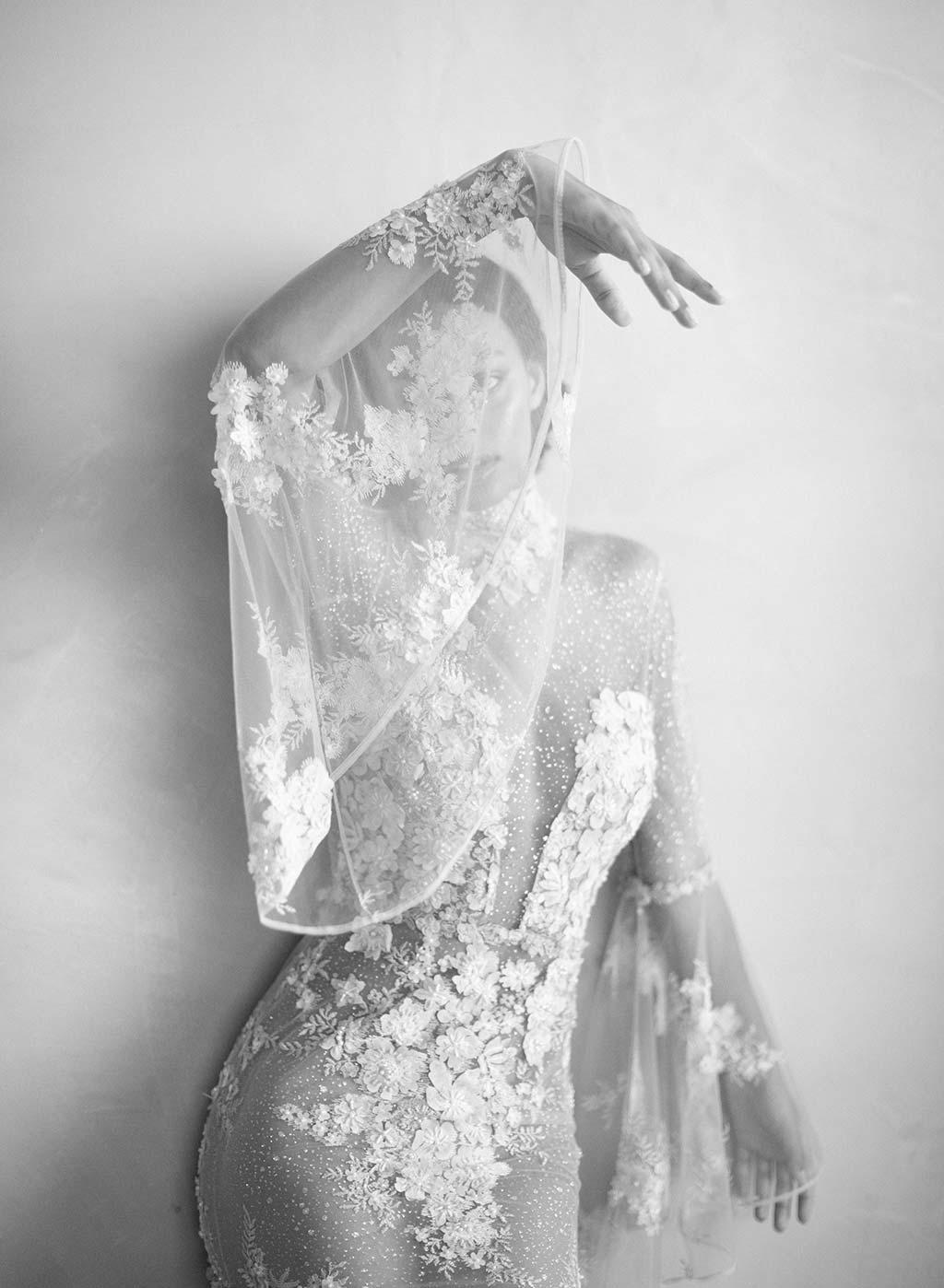 Venus black and white photo long sleeve wedding dress