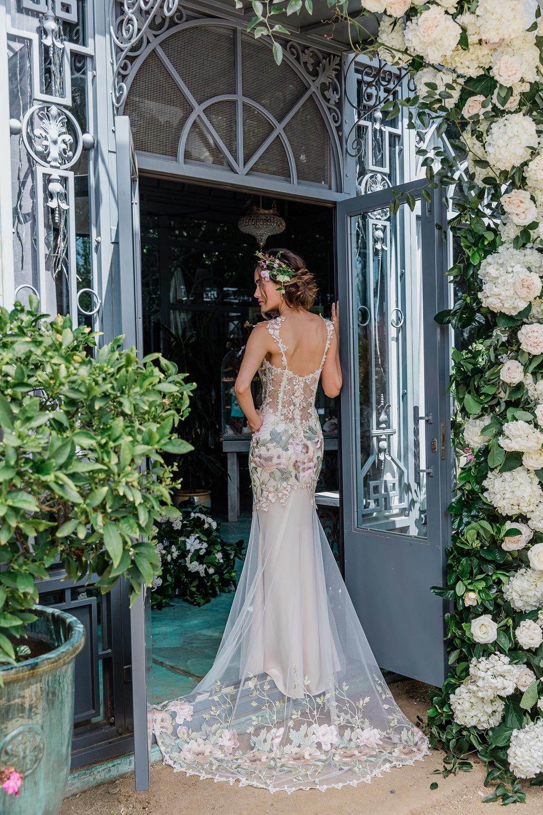 Colorful Wedding Dresses with elaborate floral wedding train custom design by Claire Pettibone