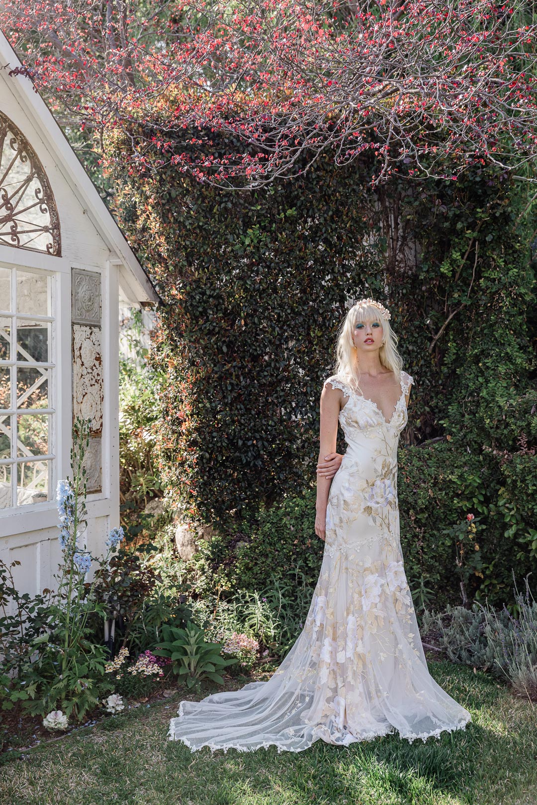 Model in Cherry Blossum Wedding Dress in Garden