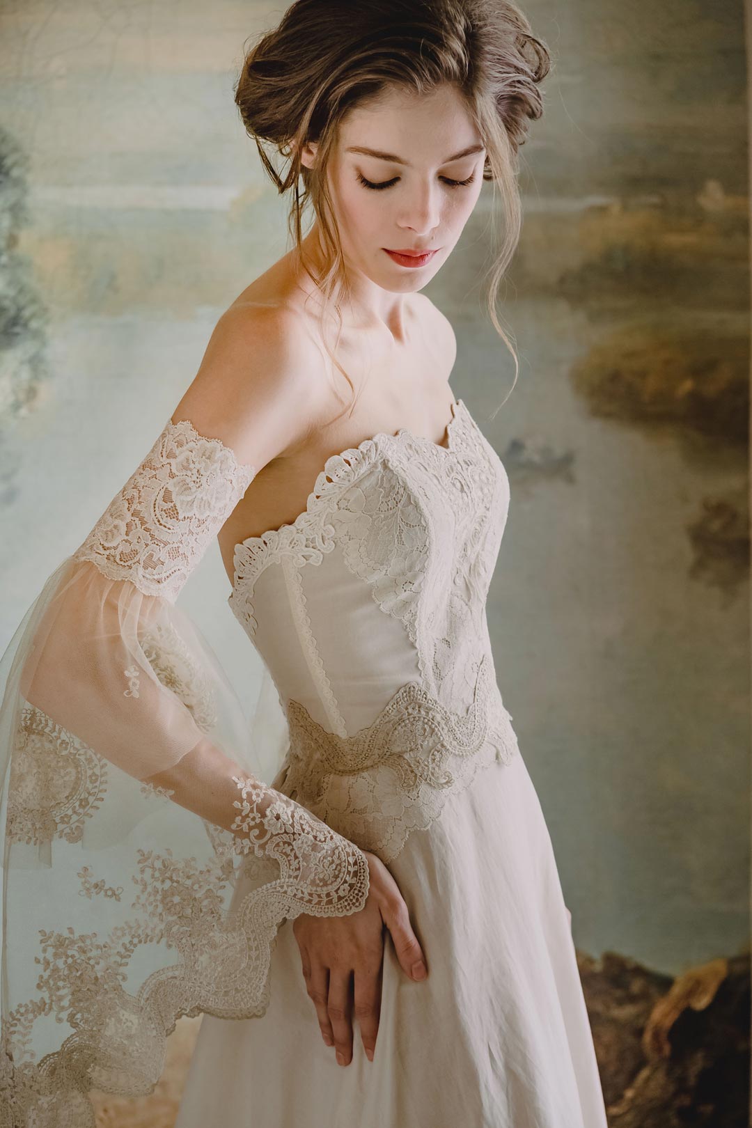 Marie Couture Wedding Dress with elaborate lace sleeves