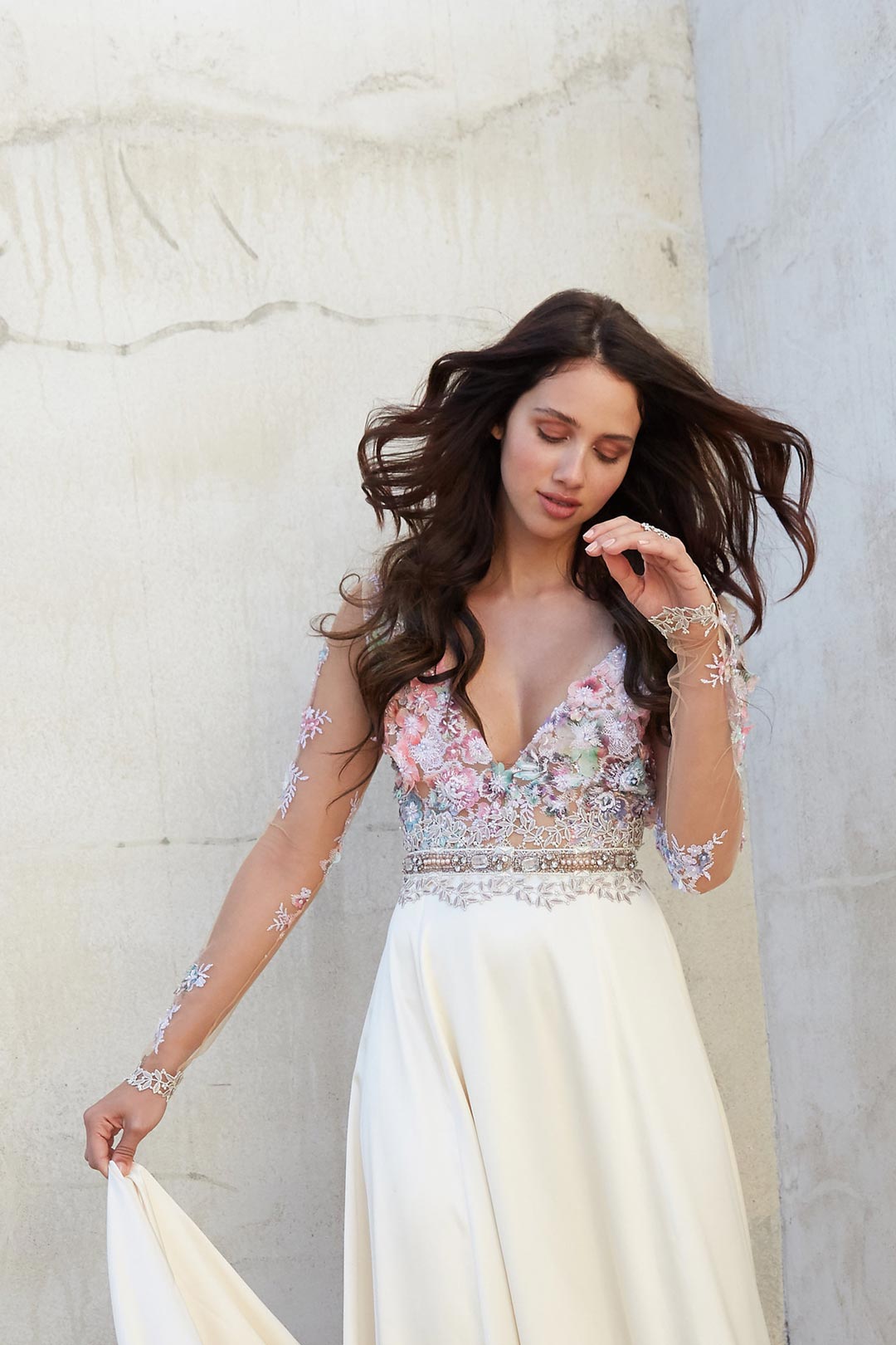 Model Bride wears Santorini Colorful embroidery sheer sleeves