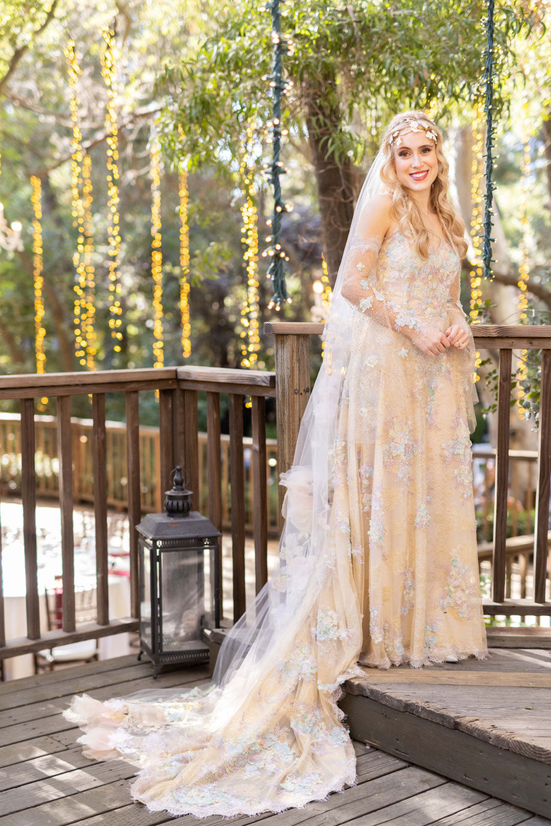 Bride Wearing Ophelia Couture Wedding Dress with Color Designed by Claire Pettibone