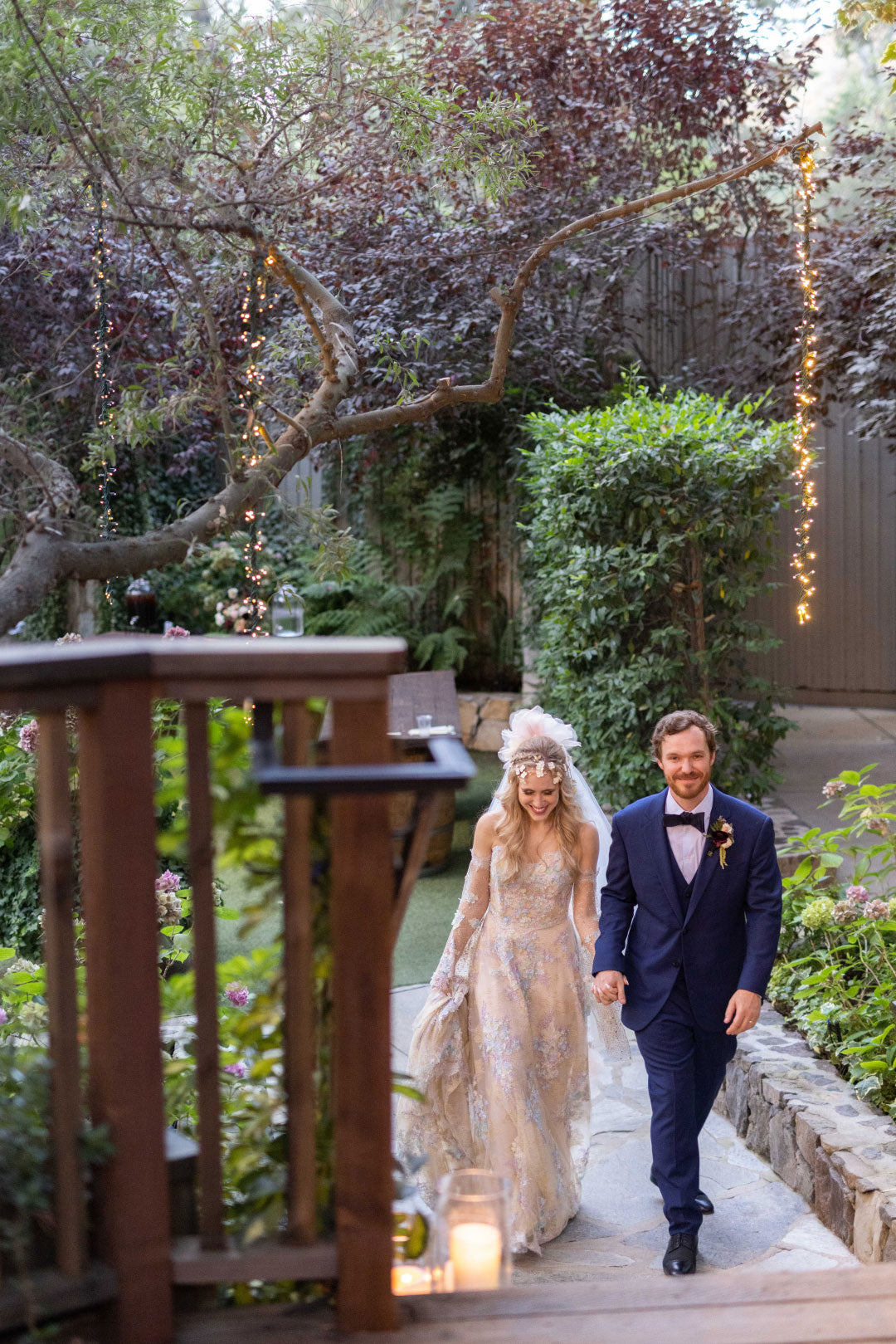 Bride and Groom Photo Walking to Wedding Celebration Party