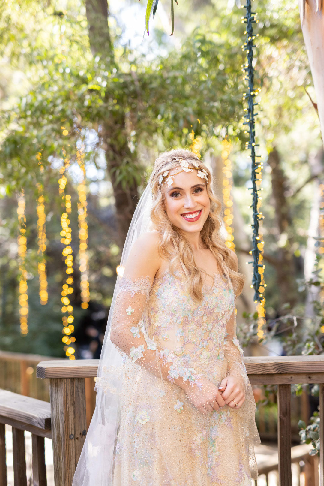 Bride Wearing Ophelia Couture Wedding Dress with Color Designed by Claire Pettibone
