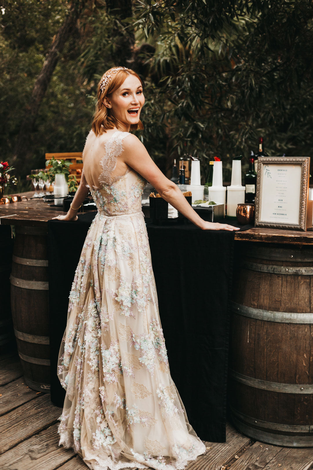 Bride in Ophelia colorful wedding dress by Claire Pettibone