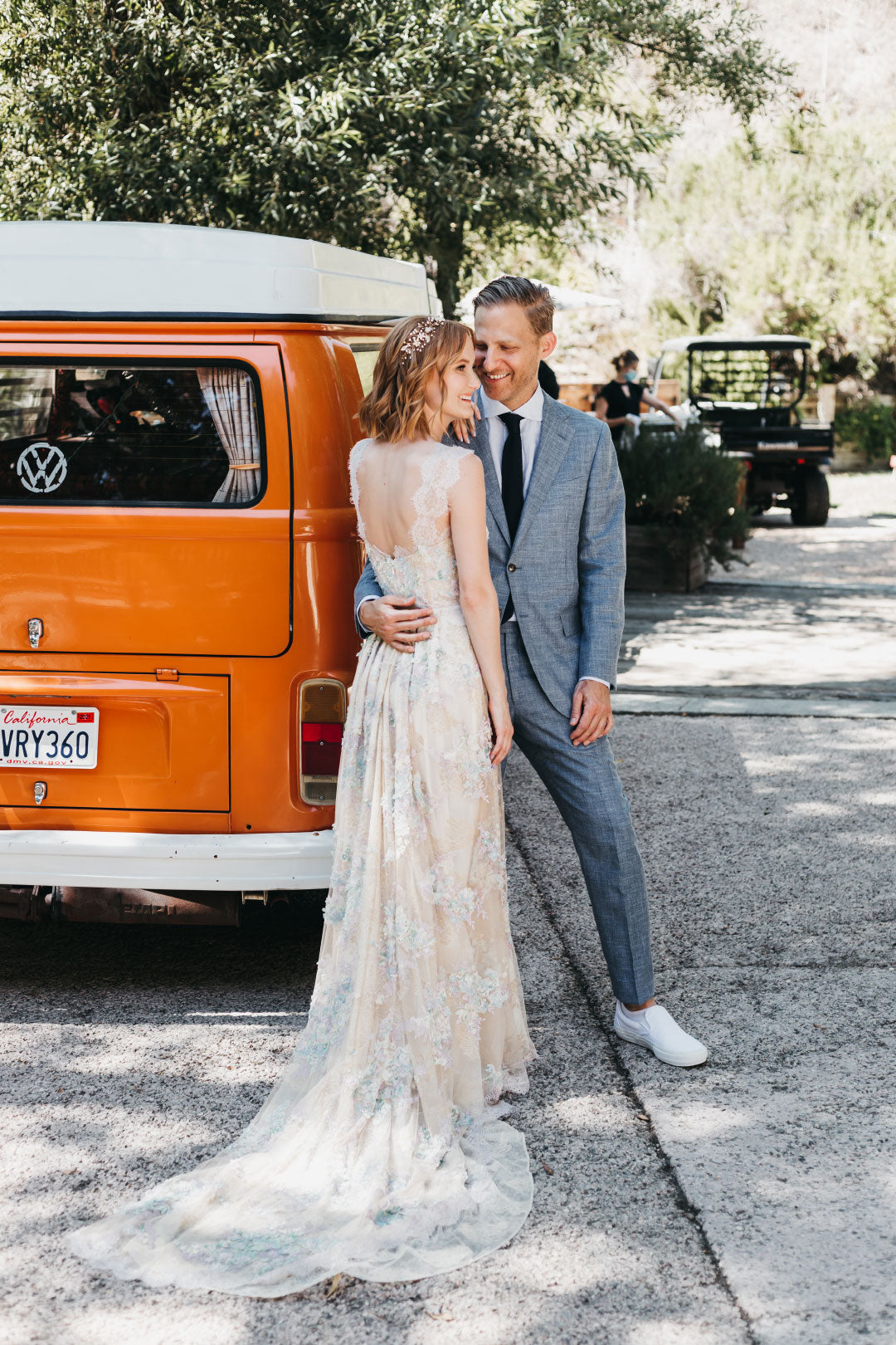 Bride and Groom by VW van wedding photos
