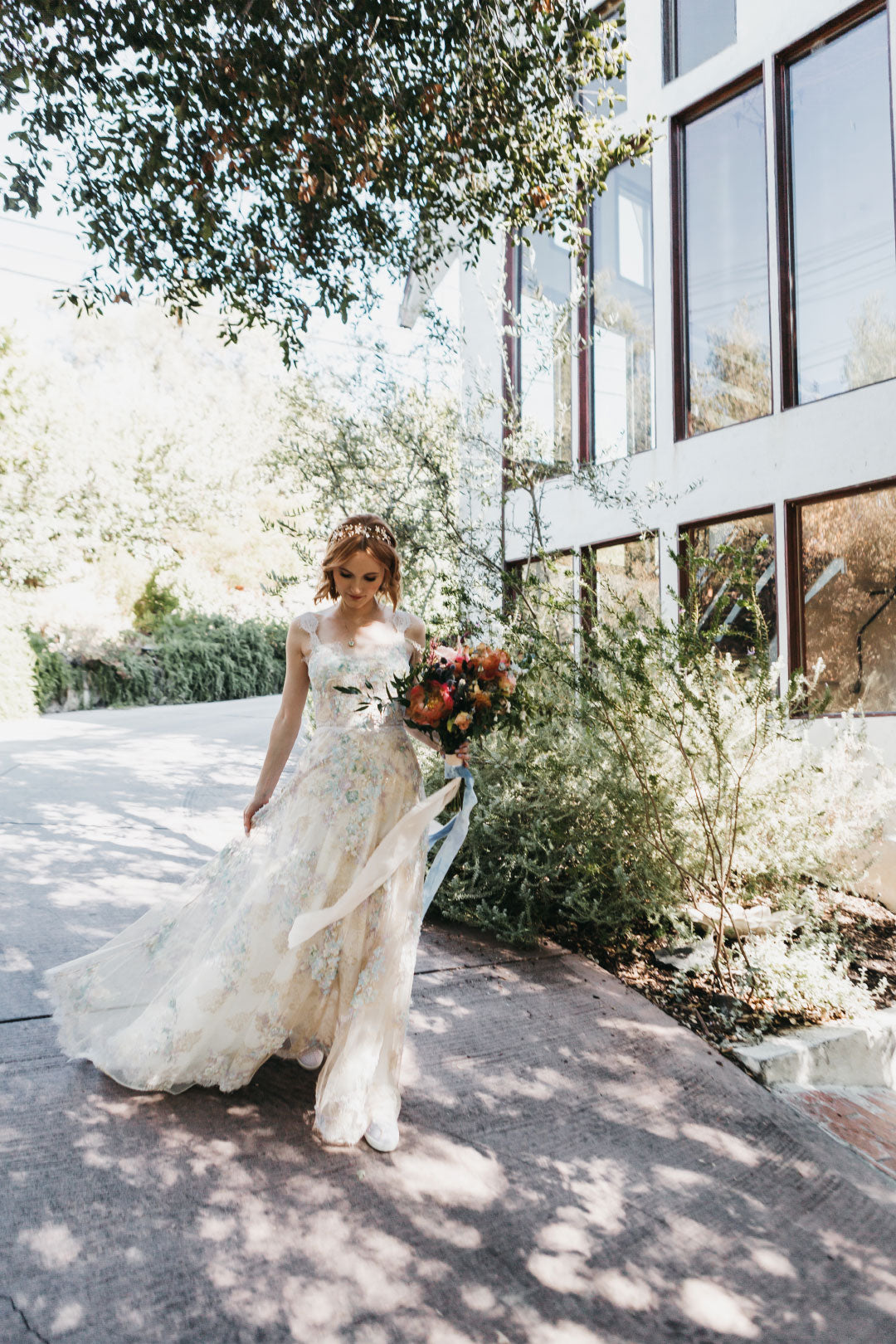 Bride Walking and hold wedding bouquet