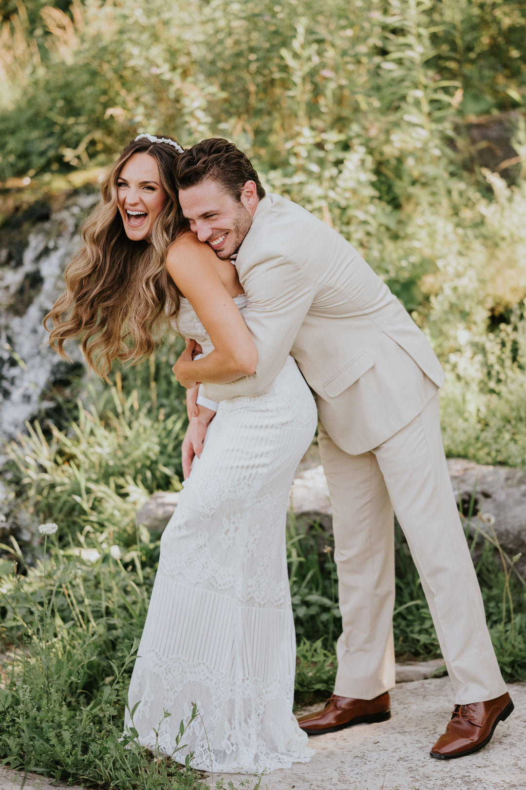 Groom and Bride Embrace for wedding portraits